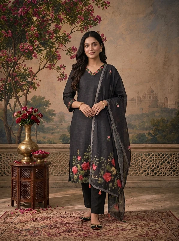 Black Chanderi Solid With Floral Hand Paint Printed Three Piece Set L