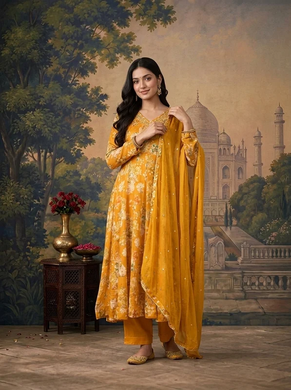 Gold Chinon Floral Digital Printed Three Piece Set XL