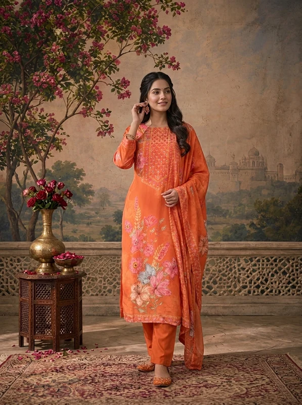 Orange Crepe Floral Hand-Painted Printed Three Piece Set XXL