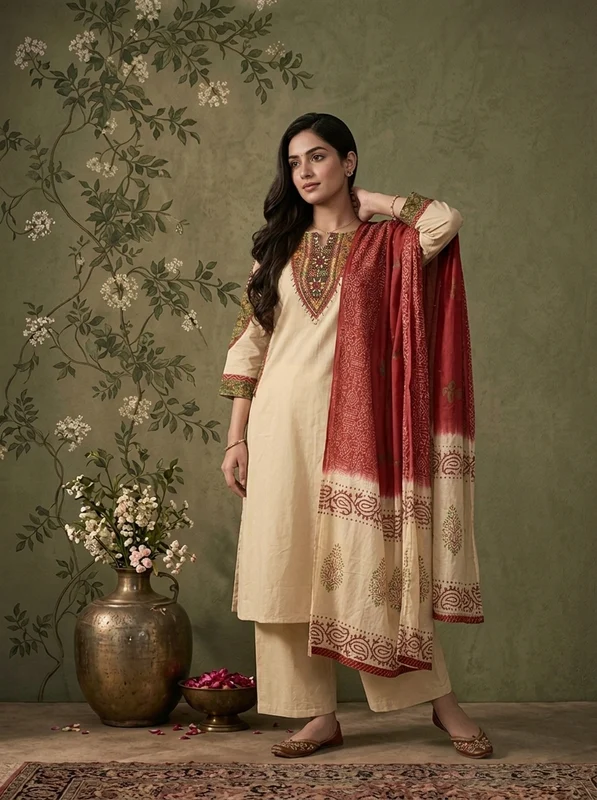 Beige Cotton Solid With Ajrakh Foil Mirror Embroidered Three Piece Set XL