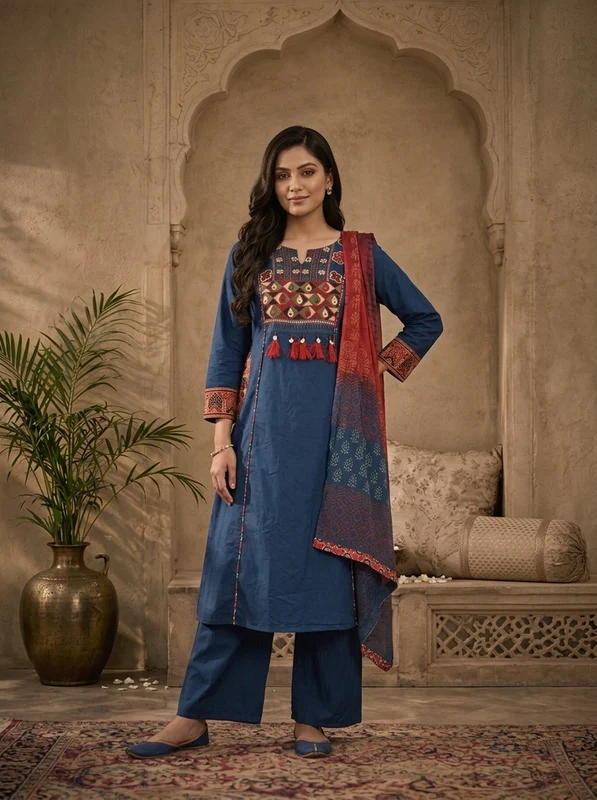 Blue Cotton Solid With Ajrakh Embroidered Three Piece Set L