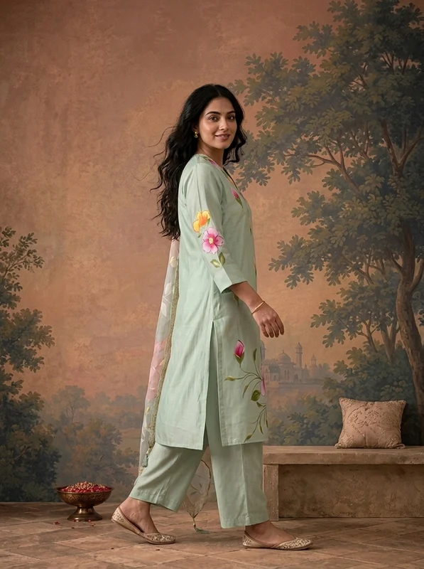 Pista Muslin Floral Hand-Painted Printed Three Piece Set 3XL