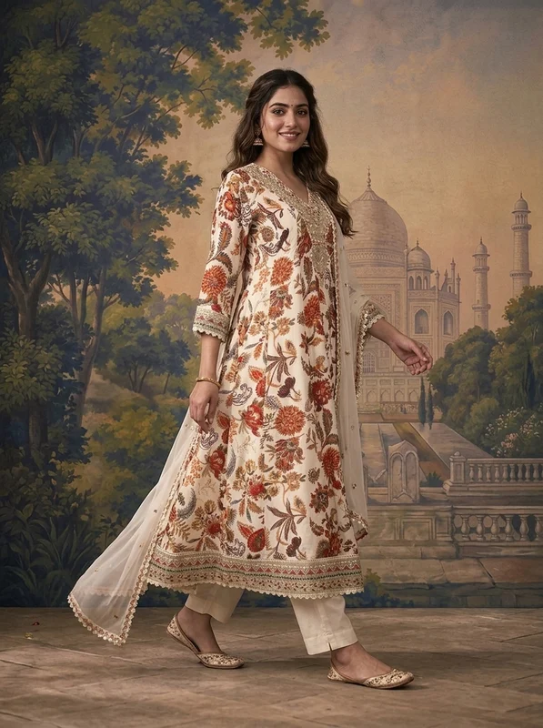 White Crepe Chintz Floral Printed Three Piece Set L