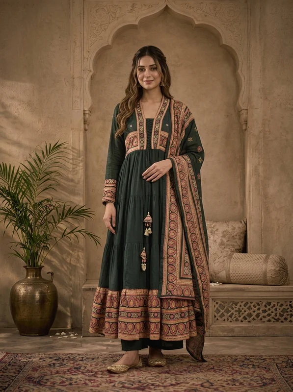 Bottle Green Cotton Solid With Ajrakh Printed Three Piece Set L