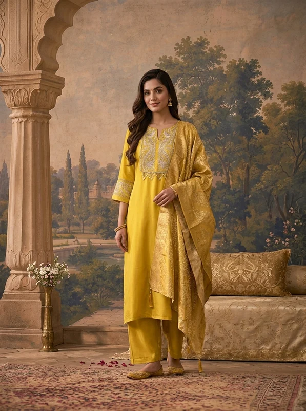 Yellow Rayon Solid With Zari Kashmiri Tilla Embroidered Three Piece Set XXL