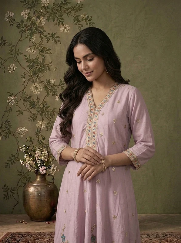 Lilac Cotton Floral Thread Embroidered Three Piece Set XXL