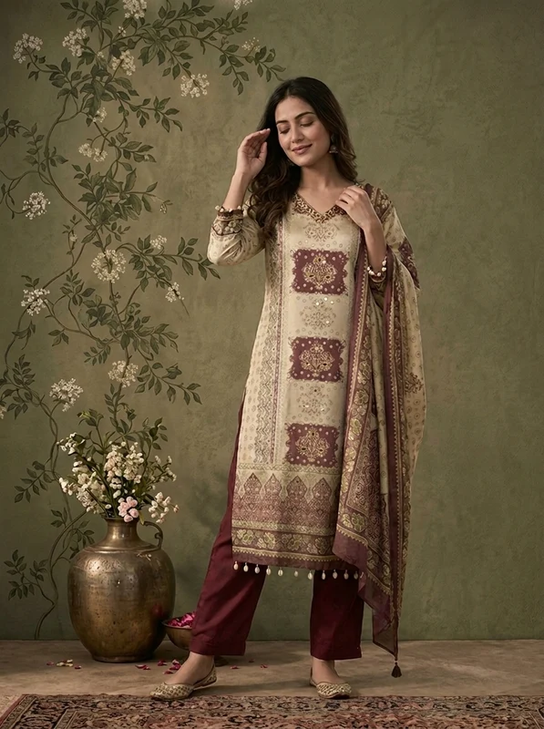 Wine Tissue Vintage Mughal Digital Printed Three Piece Set L