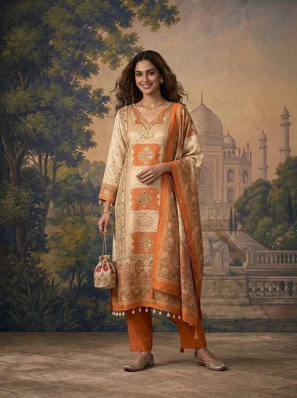 Orange Tissue Vintage Mughal Digital Printed Three Piece Set XL
