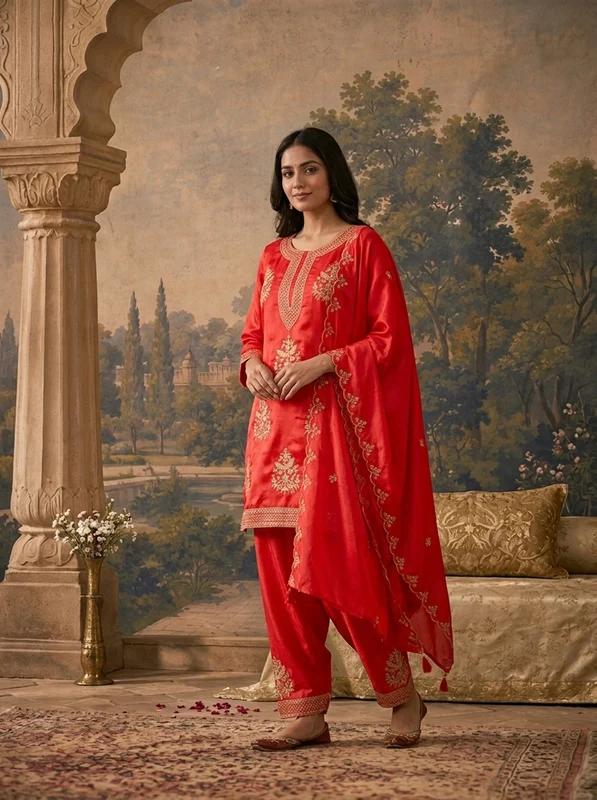 Red Satin Zari Bird Embroidered Three Piece Set L