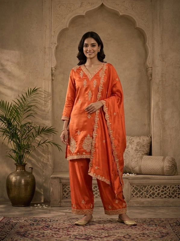 Burnt Orange Satin Zari And Sequins Embroidered Three Piece Set XL