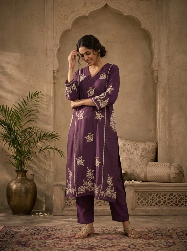 Purple Rayon Floral Thread Embroidered Two Piece Set XL