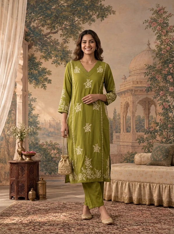 Mehadi Green Rayon Floral Thread Embroidered Two Piece Set 3XL