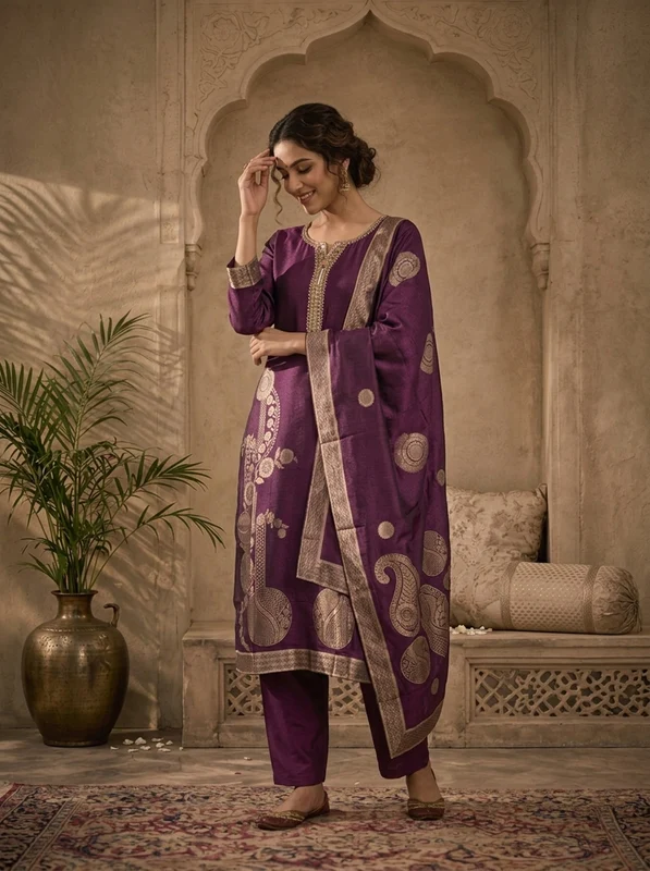 Purple Silk Abstract Motifs Weaved Three Piece Set 3XL