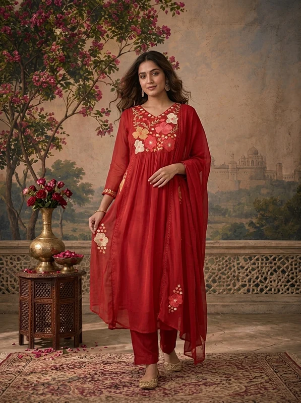 Maroon Muslin Floral Embroidered Three Piece Set L