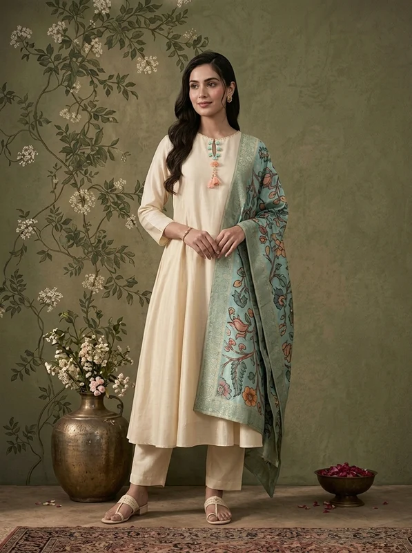 Cream Muslin Solid With Stone Embroidered Three Piece Set L