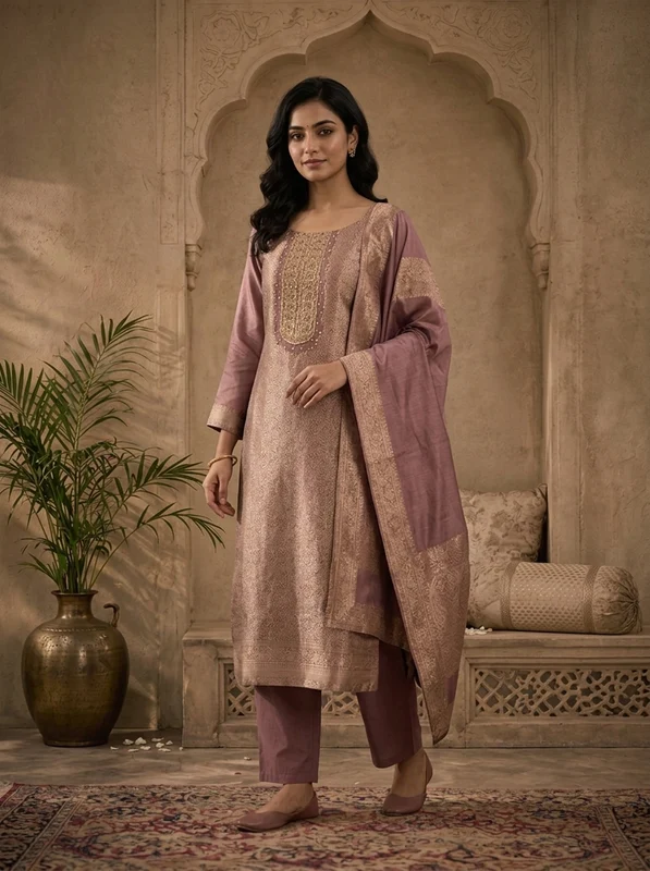 Wine Silk All-Over Floral Zari Weaved Three Piece Set XL
