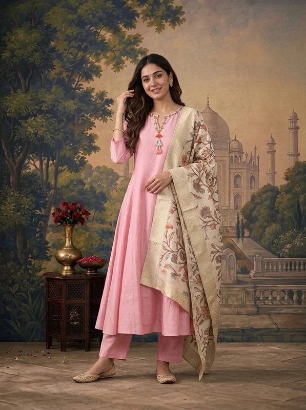 Baby Pink Muslin Solid With Stone Embroidered Three Piece Set XL