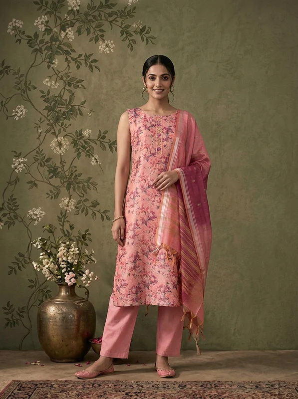 Onion Pink Silk All-Over Floral Printed Three Piece Set XL