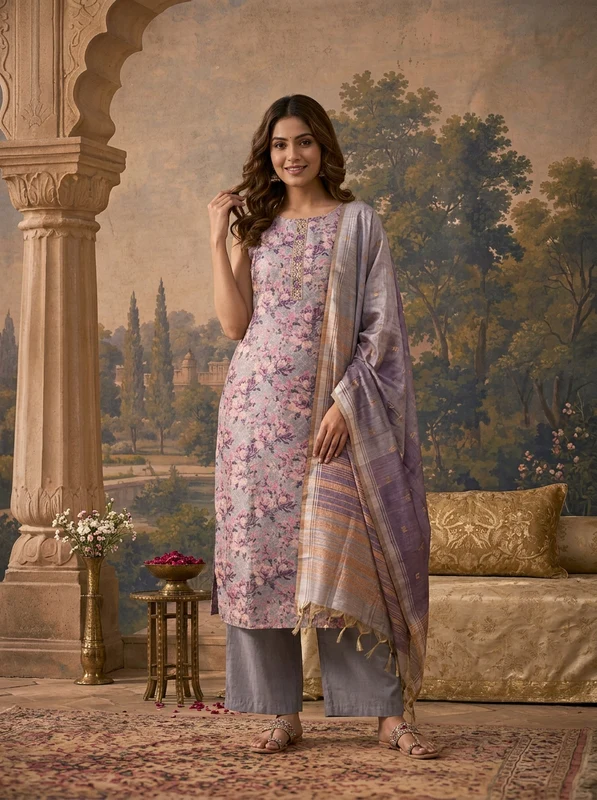 Lavender Silk All-Over Floral Printed Three Piece Set XXL
