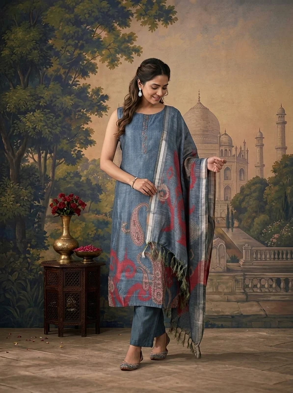 Blue Silk Ikat Paisley Printed Three Piece Set M