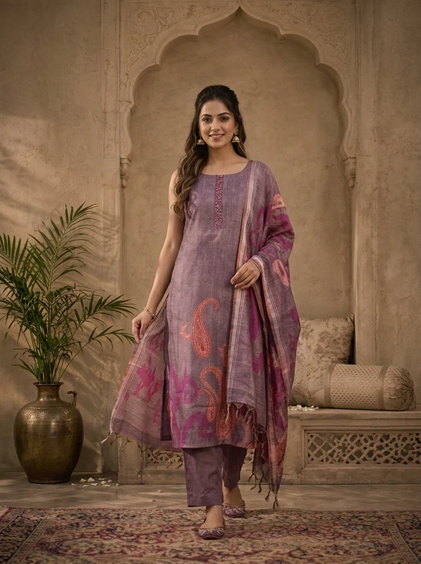 Lavender Silk Ikat Paisley Printed Three Piece Set L