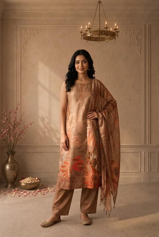 Beige Silk Tropical Floral Placement Printed Three Piece Set XXL