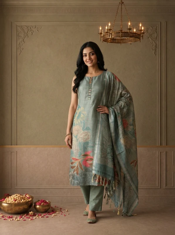 Sea Green Silk Tropical Floral Placement Printed Three Piece Set XXL