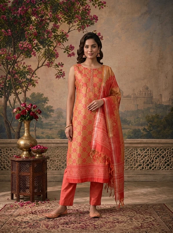 Gajari Silk Geometric Floral Printed Three Piece Set M