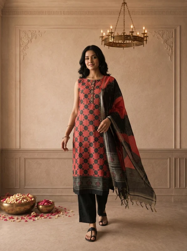 Black Silk Geometric Floral Printed Three Piece Set L