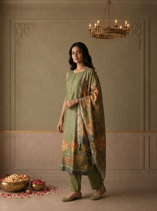 Mehadi Green Silk Vintage Floral Printed Three Piece Set 3XL