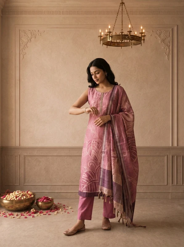 Magenta Silk Tropical Leaf Printed Three Piece Set XL