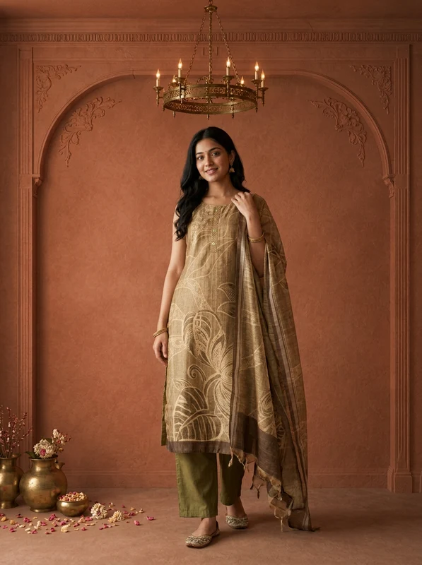 Mehadi Green Silk Tropical Leaf Printed Three Piece Set XL