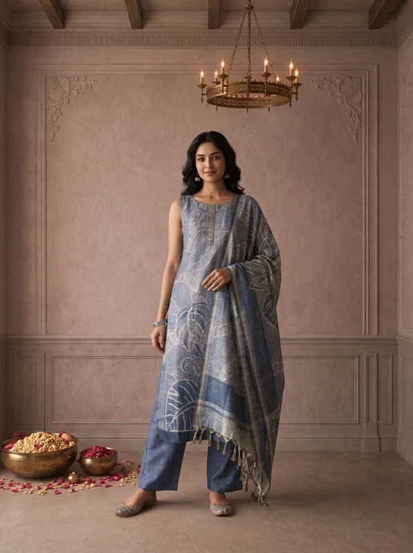 Blue Silk Tropical Leaf Printed Three Piece Set 3XL