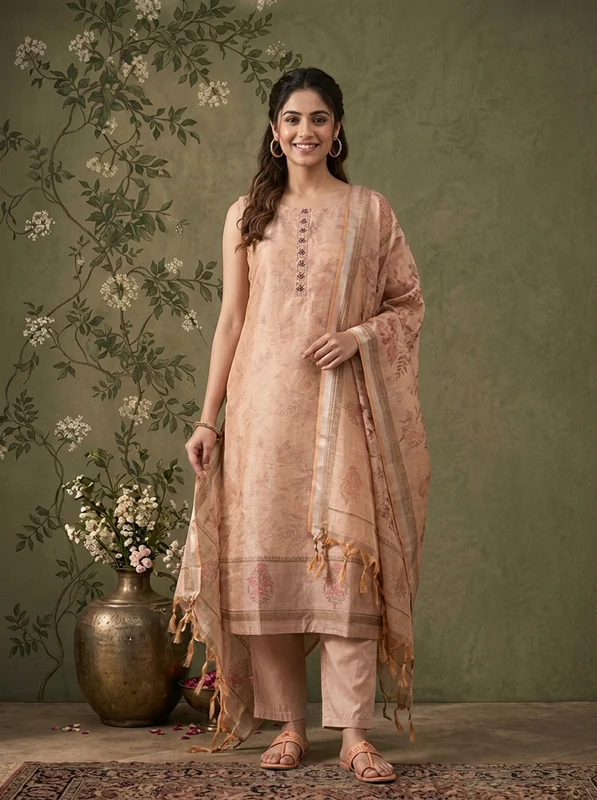 Onion Pink Silk Watermark Floral Printed Three Piece Set XXL
