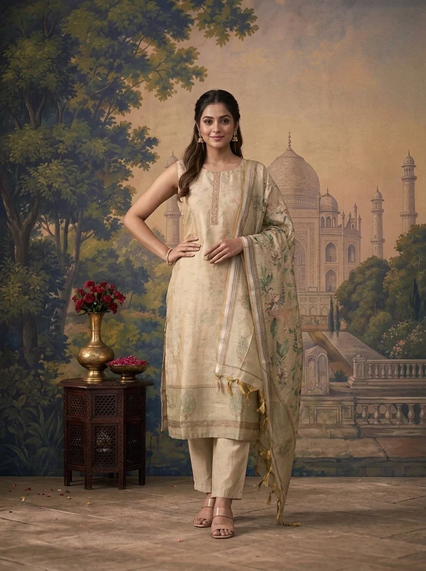 Pista Green Silk Watermark Floral Printed Three Piece Set XL