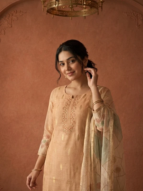 Beige Silk Dandelion Printed Three Piece Set XL