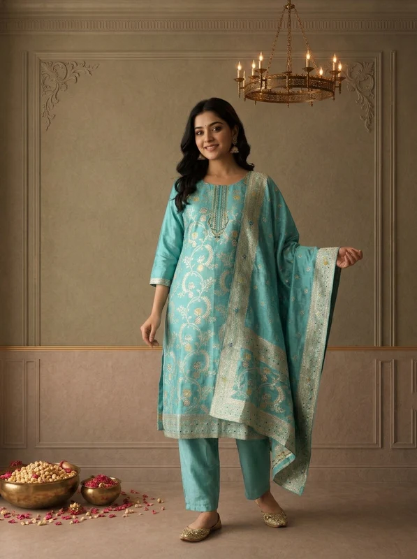 Ice Blue Silk Floral Jaal Zari Weaved Three Piece Set 3XL