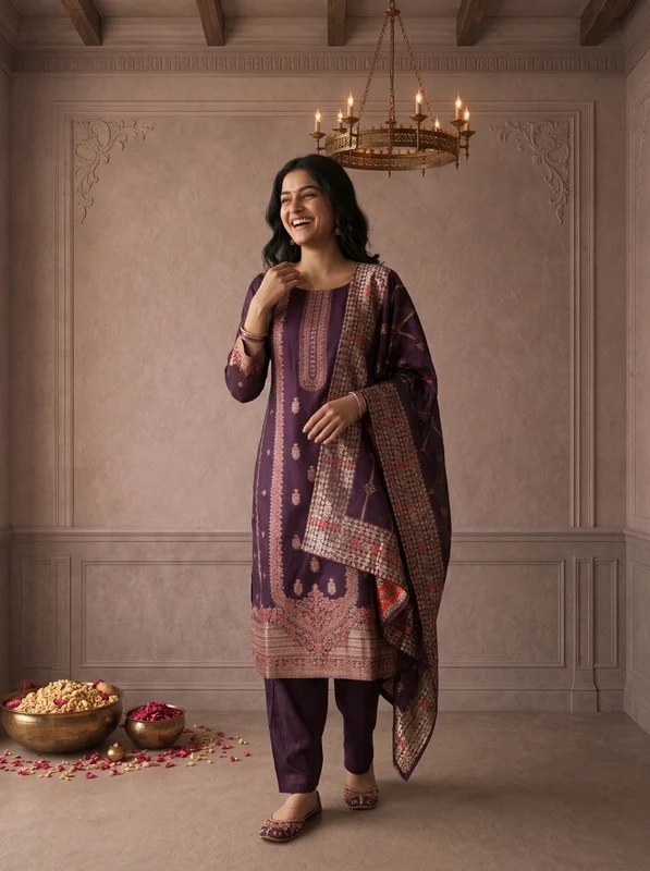 Wine Silk Turquoise Zari Diagonal Jaal Weaved Three Piece Set XL