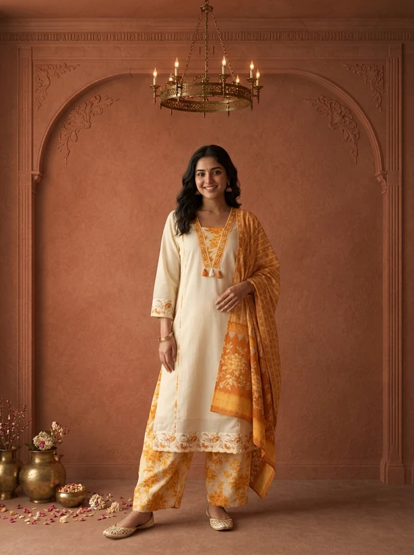 Cream Cotton Solid With Floral Printed Three Piece Set 3XL