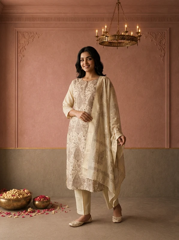 Beige Chanderi Silk Block Thread Embroidered Three Piece Set XL