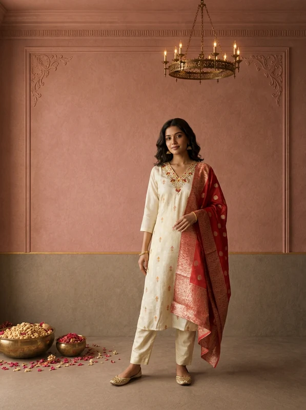 Red Chanderi Silk Ethnic Embroidered Three Piece Set L