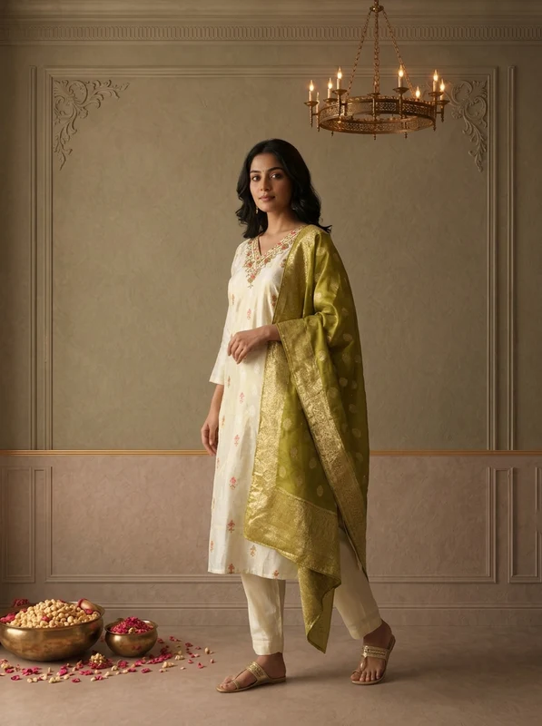 Mehadi Green Chanderi Silk Ethnic Embroidered Three Piece Set L