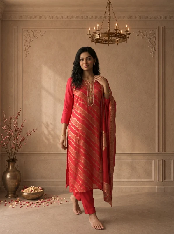 Rani Pink Silk Leheriya Striped Weaved Three Piece Set XL