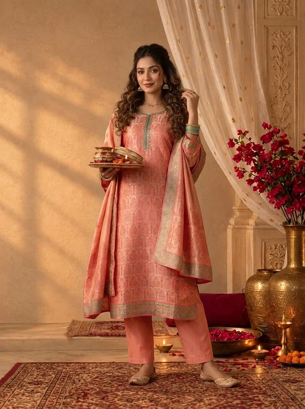 Rani Pink Tissue Zari Mughal Damask Weaved Three Piece Set XXL