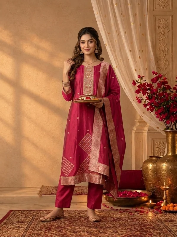 Magenta Silk Diamond Weaved Three Piece Set 3XL
