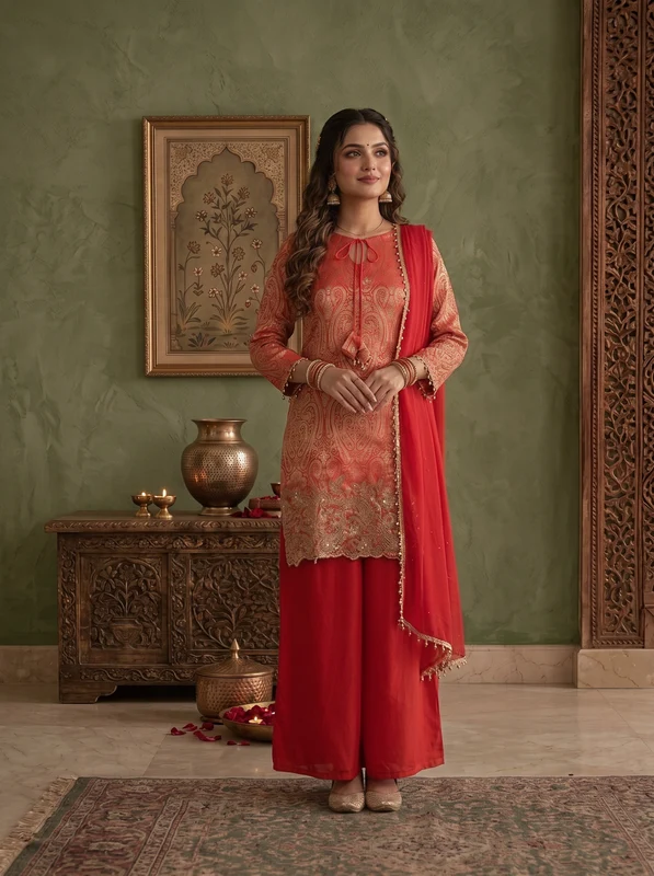 Red Silk Brocade Weaved And Embroidered Three Piece Set M