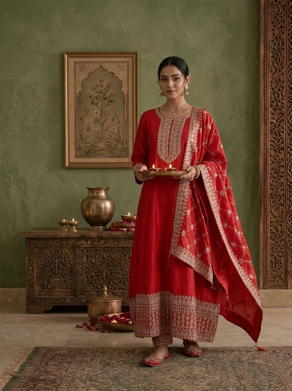 Red Silk Zari Embroidered Three Piece Set XL