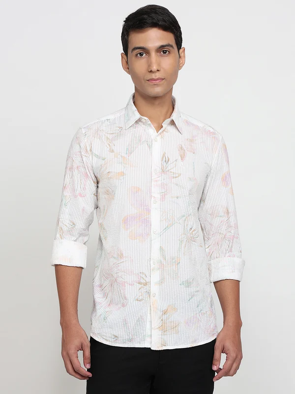 Parx Men White Slim Fit Printed Casual Shirt 39 / White
