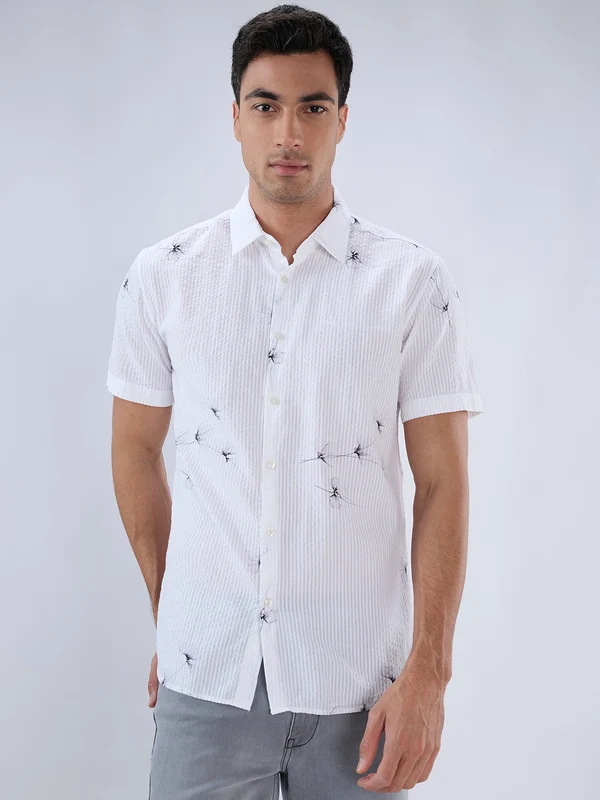 Parx Men White Slim Fit Printed Casual Shirt 40 / White