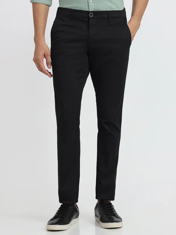 Parx Men Black Low Rise Tapered Fit Printed Trouser 30 / Black